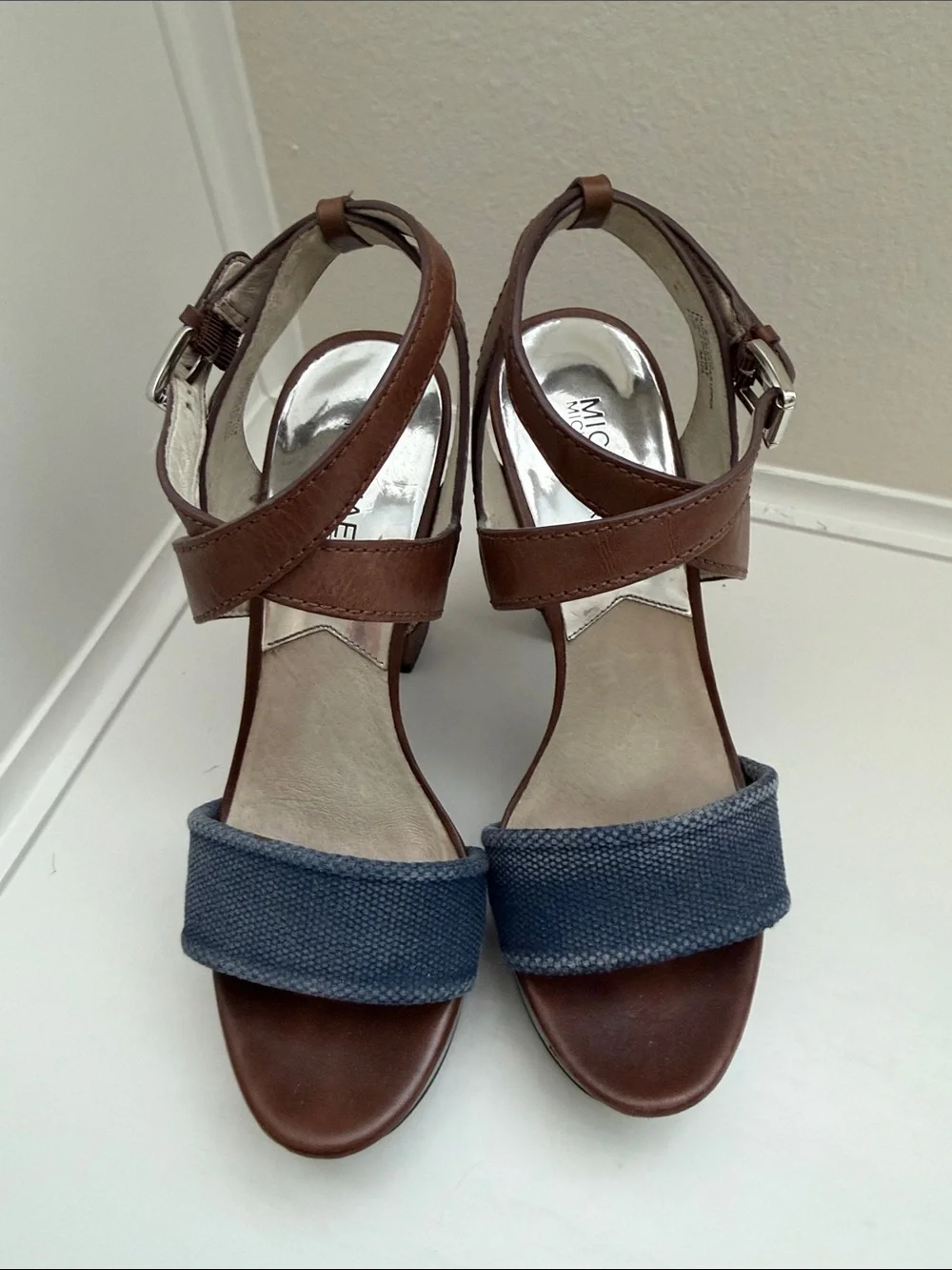 Michael Kora Brown Leather and Navy Platform Block Heel Sandals